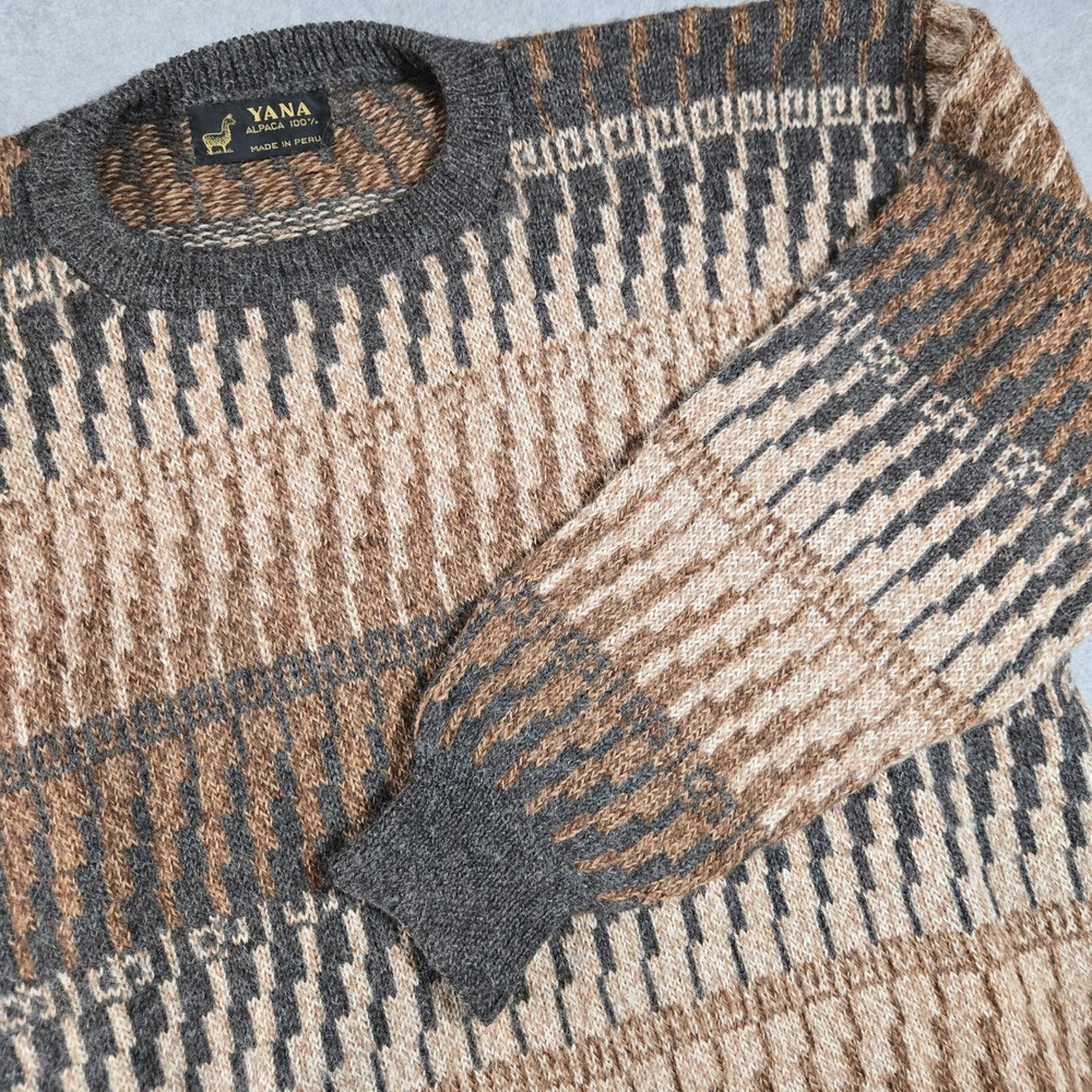 YANA Alpaca Wool Sweater Mens XL Brown Geometric Knit Peru Crew Neck fair aisle